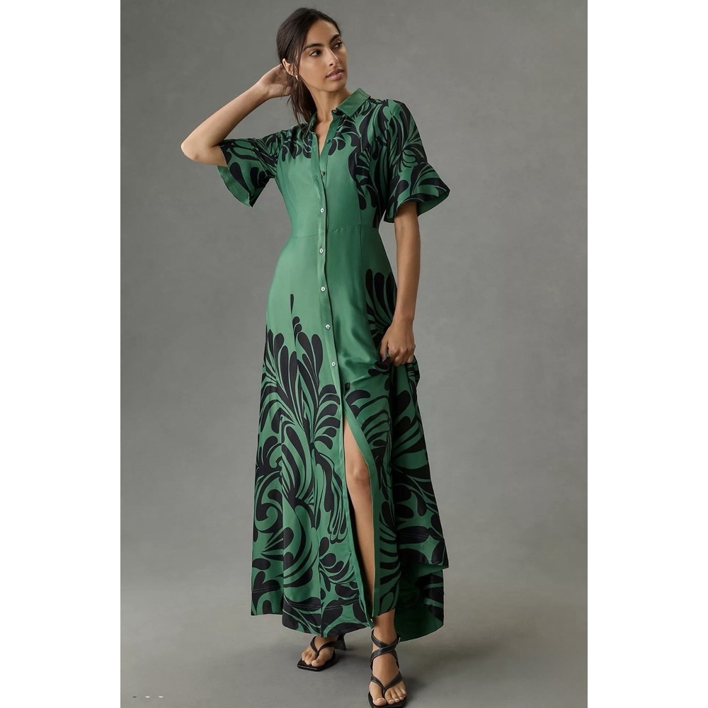 Anthropologie Maeve Bell Sleeve Buttondown Shirt Dress Print Green Black S